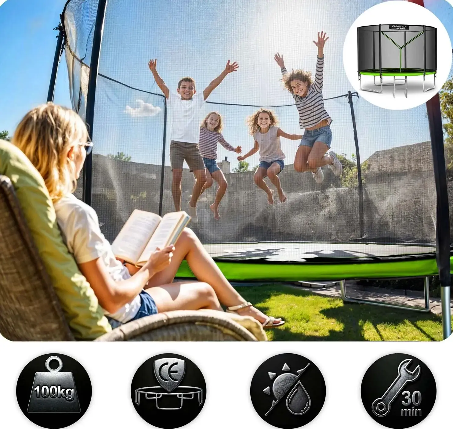 Trambulina cu plasa de protectie Neo Sport NS-08Z231 (Green/Black) - 8