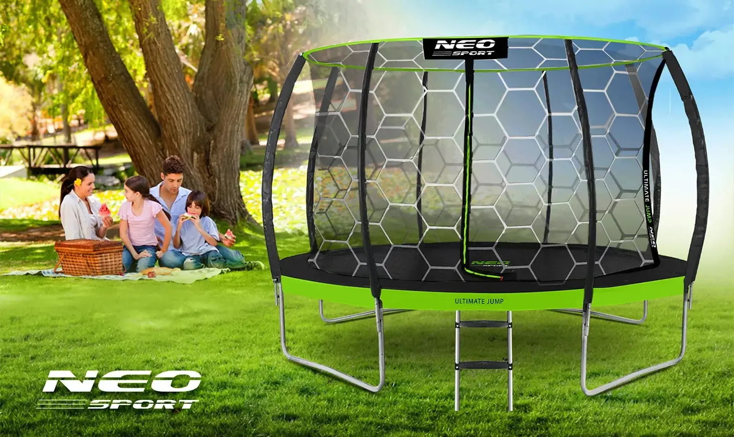 Батут с защитной сеткой Neo Sport NS-14C221 (Black/Green) - 6