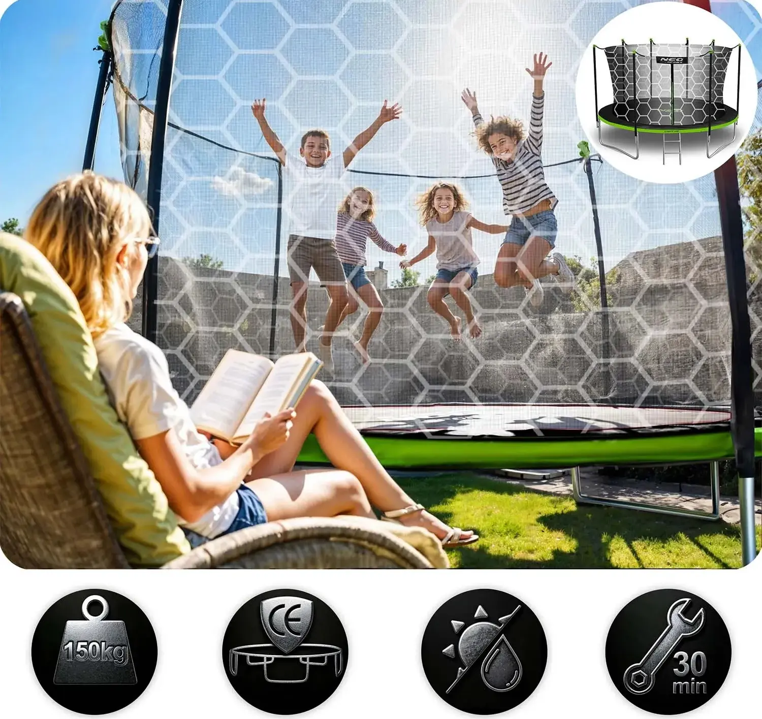 Батут с защитной сеткой Neo Sport NS-14W231 (Black/Green) - 13