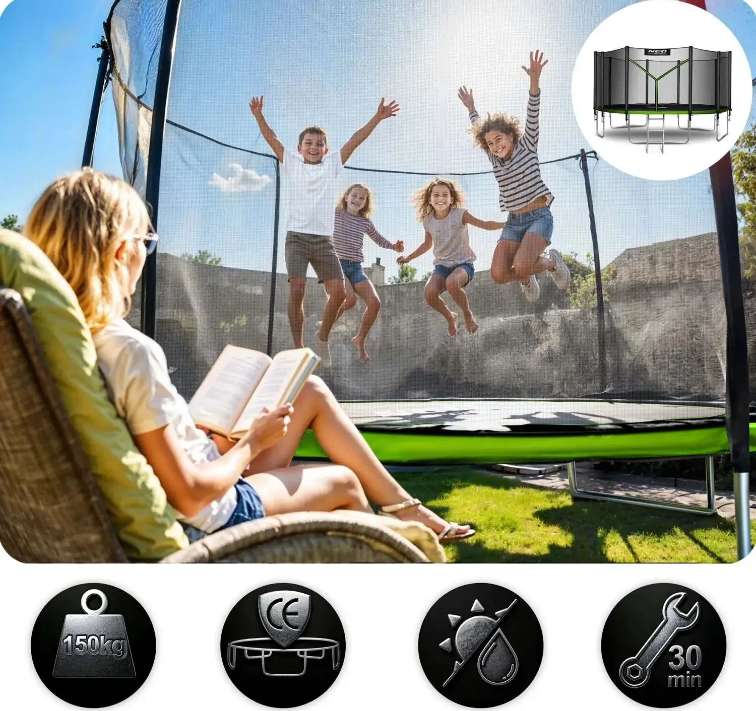 Батут с защитной сеткой Neo Sport NS-15Z231 (Black/Green) - 7