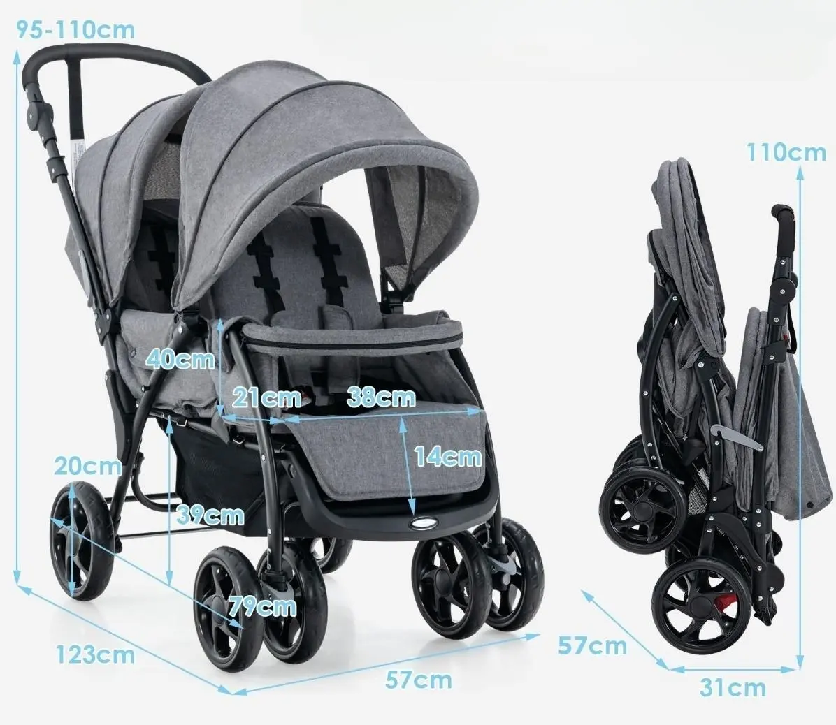 Carucior pentru gemeni Costway BC10248GR (Grey)