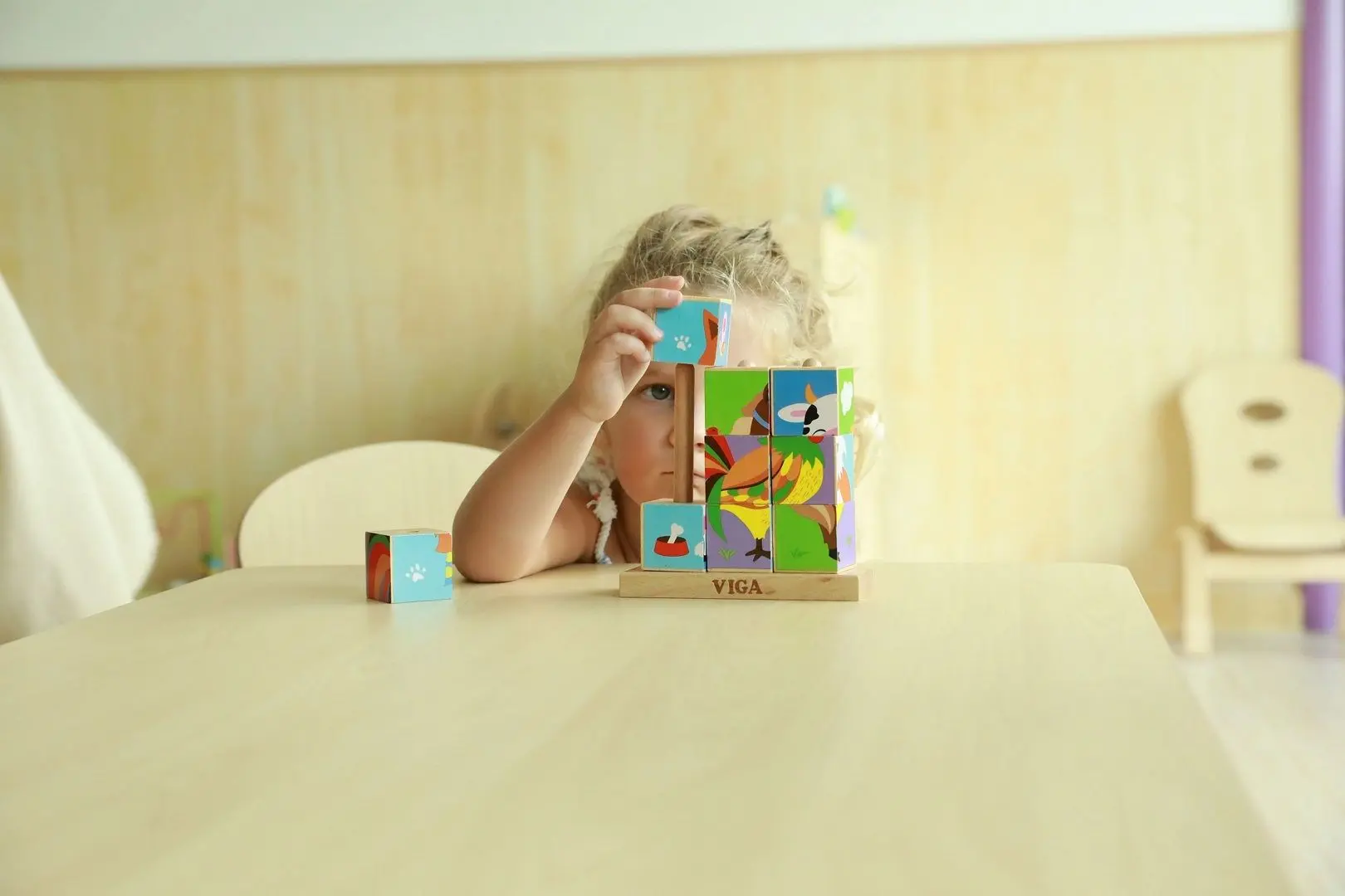 Cuburi educative Viga Stacking Cube Puzzle Farm Animals 50833