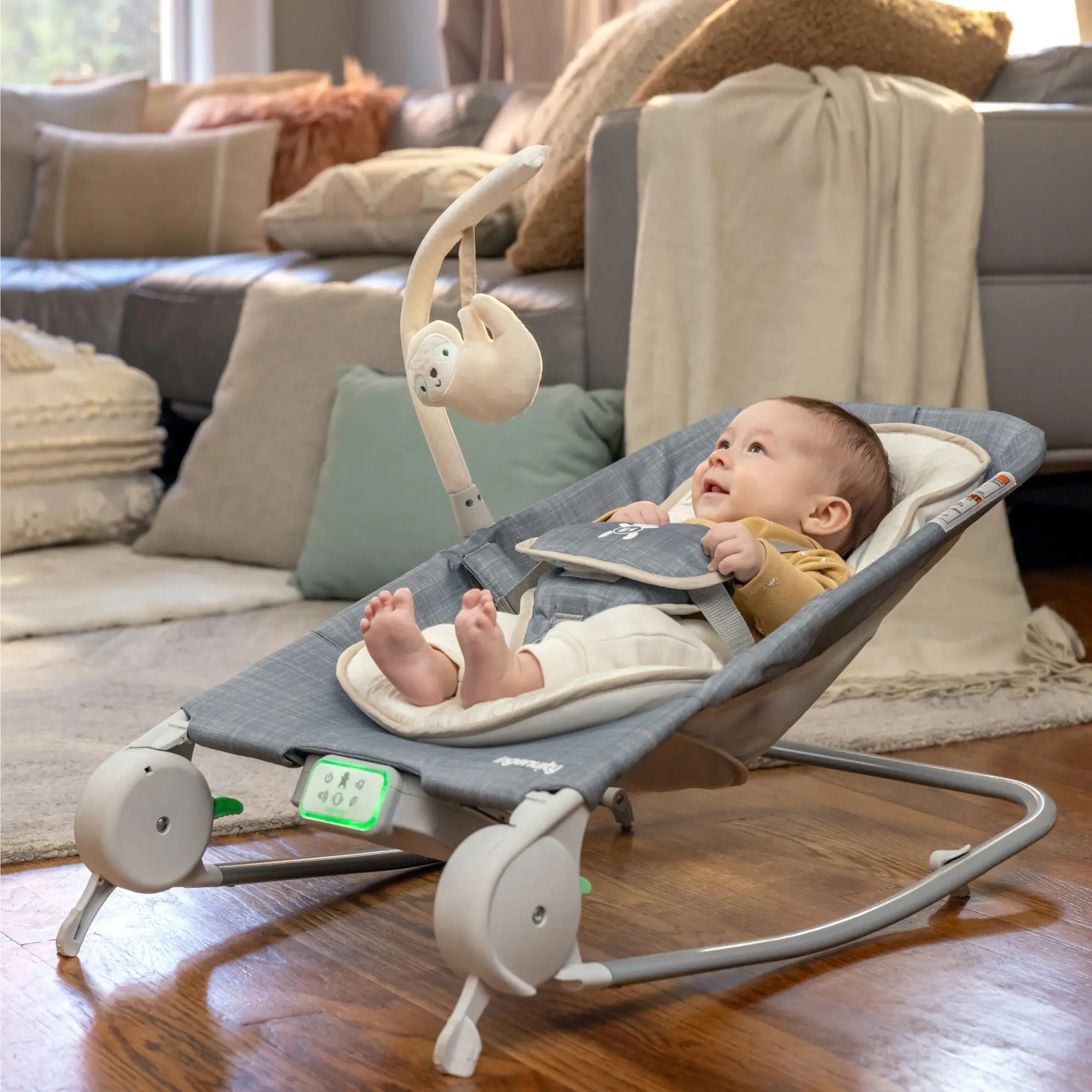 Детский шезлонг-качели Bright Starts Ingenuity Happy Belly Rock-to-Bounce (Grey) - 4