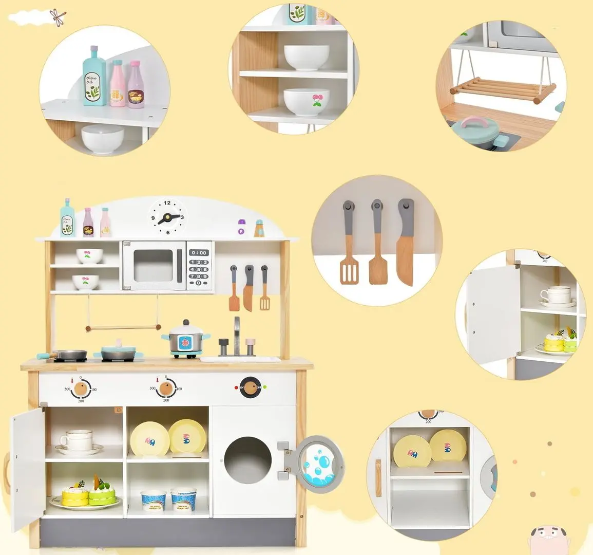 Bucatarie de joaca Costway TM10070 (White/Natural)