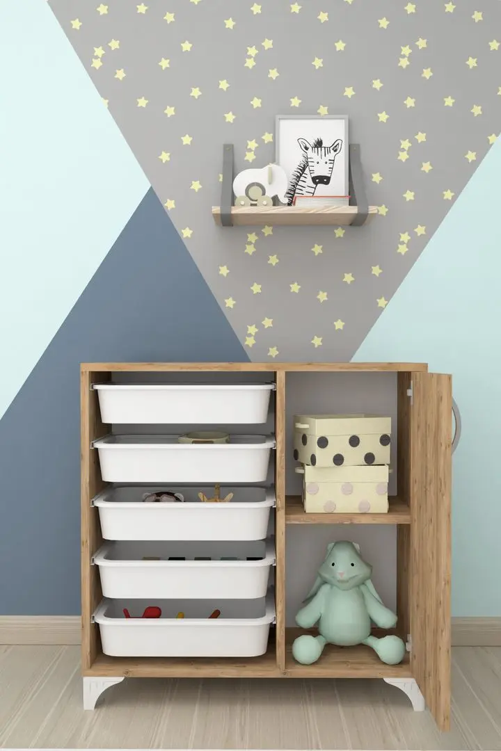 Organizator de jucarii Bofigo cu 5 cosuri (Pine)