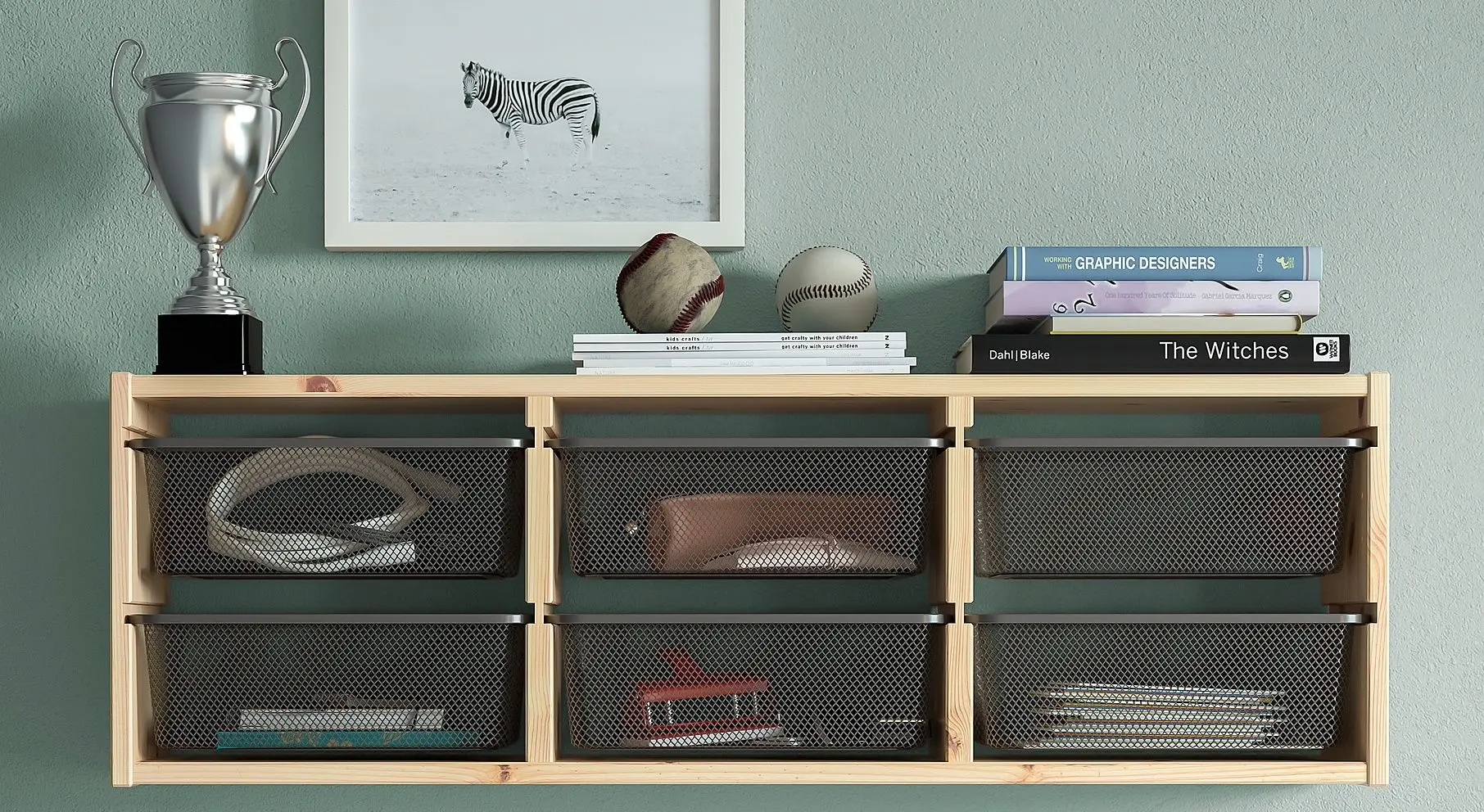 Etajera suspendata Ikea Trofast 6 coșuri 93x21x30 (Pin/Gri Inchis)