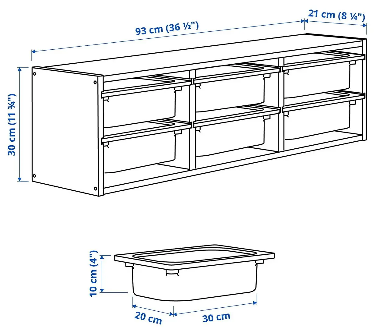 Etajera suspendata Ikea Trofast 6 coșuri 93x21x30 (Pin/Gri Inchis)