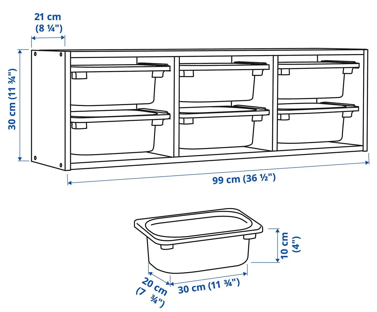 Etajera suspendata Ikea Trofast 6 coșuri 99x21x30 (Alb/Gri Inchis)
