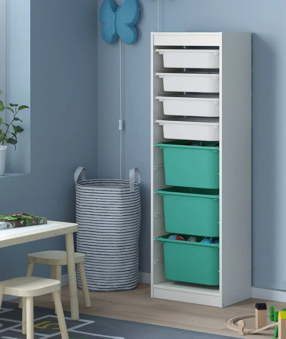 Etajera Ikea Trofast 7 containeri combinate 46x30x145 (Alb/Turcoaz)