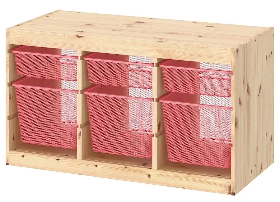 Стеллаж Ikea Trofast 6 корзин 93x44x52 (Светлая Беленая Сосна/Светло-красный)