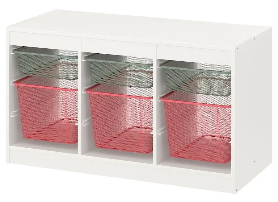 Etajera cu containere Ikea Trofast 6 cosuri 99x44x56 (Alb/Verde-gri/Rosu Deschis)