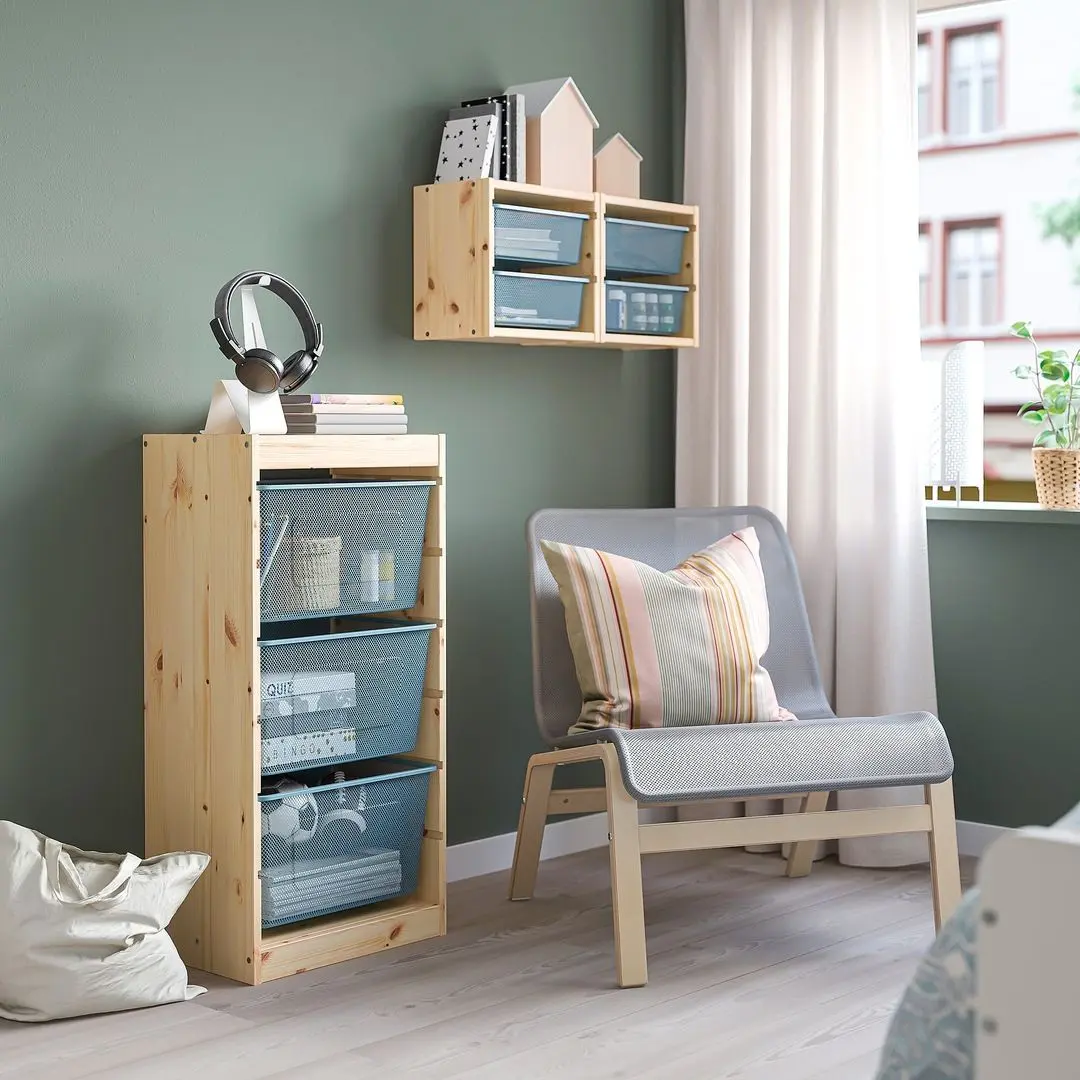 Стеллаж Ikea Trofast 3 корзины 44x30x91 (Сосна/Серо-синий)