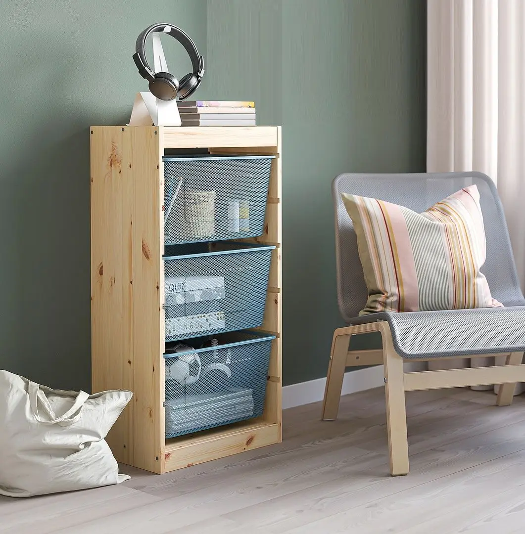 Стеллаж Ikea Trofast 3 корзины 44x30x91 (Сосна/Серо-синий)