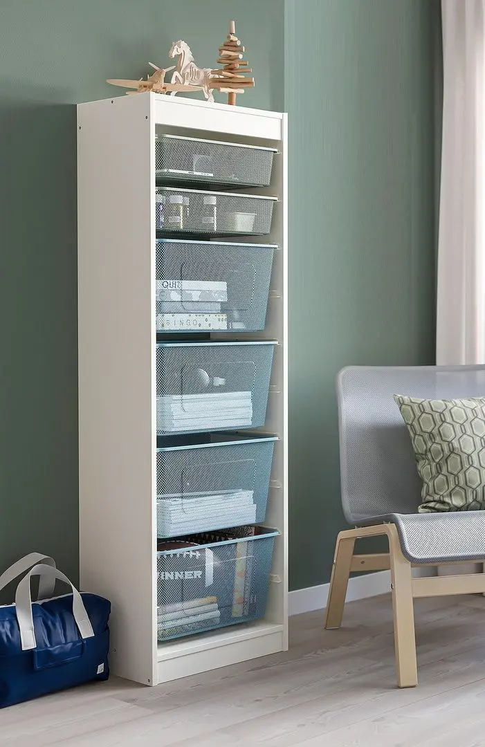 Etajera Ikea 6 cosuri Trofast 46x30x145 (Alb/Verde-Gri Deschis/Gri-Albastru)