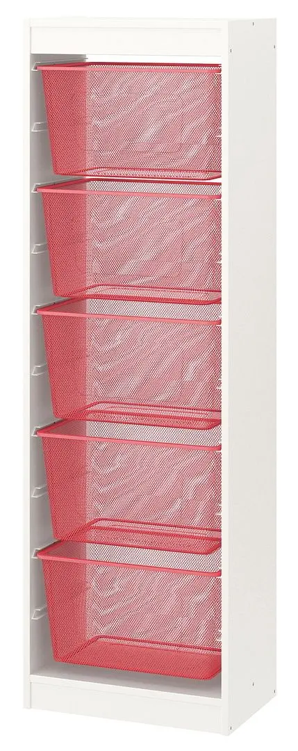Etajera cu cosuri Ikea Trofast 5 coșuri 46x30x145 (Alb/Roşu Deschis)