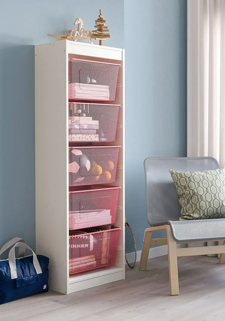 Etajera cu cosuri Ikea Trofast 5 coșuri 46x30x145 (Alb/Roşu Deschis)