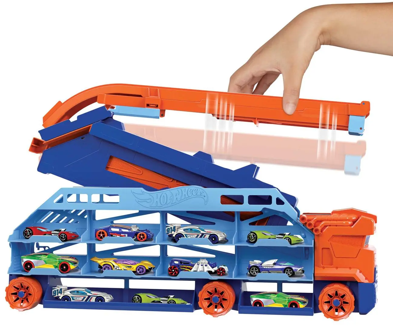 Set de joaca Hot Wheels City Speed Drop Transport Hauler (Orange/Blue) - 2
