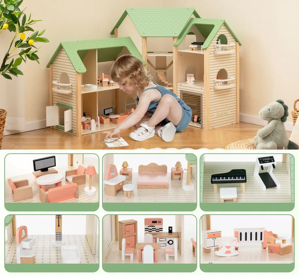 Casuta pentru papusi Costway TP10210GN (Wood/Green)