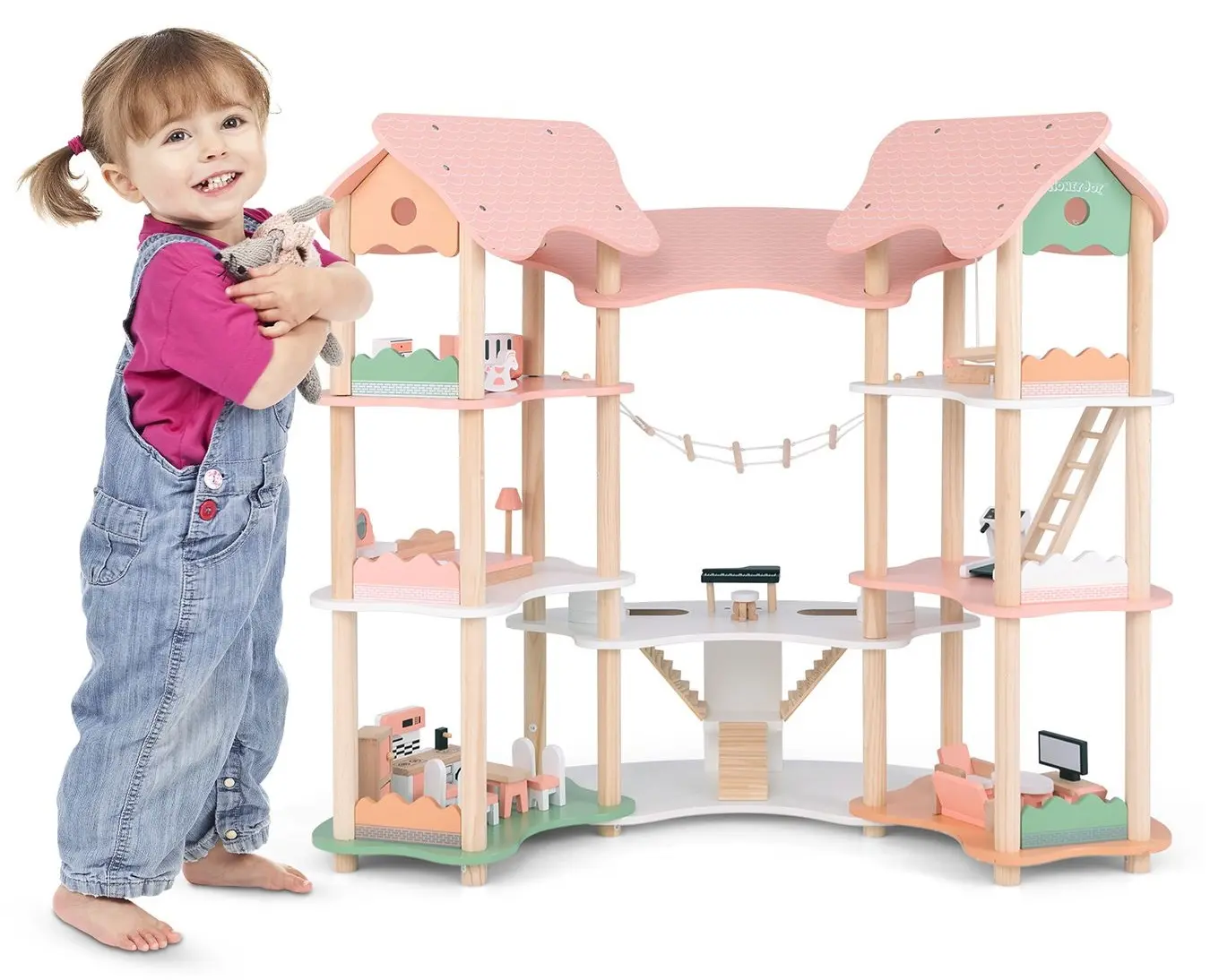 Casuta pentru papusi Costway TP10212PI (Wood/Pink)