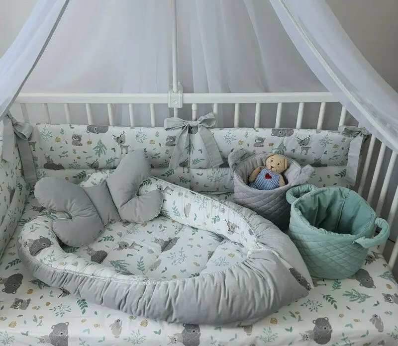 Кокон-гнездышко 4в1 MimiNu Forest Friends + матрасик + одеяло + подушка (Grey/Mint) - 6