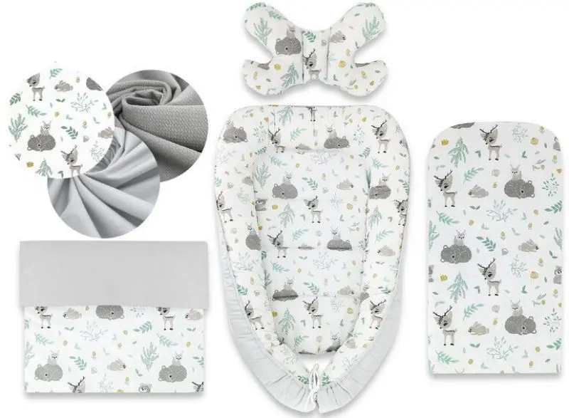 Кокон-гнездышко 4в1 MimiNu Forest Friends + матрасик + одеяло + подушка (Grey/Mint)