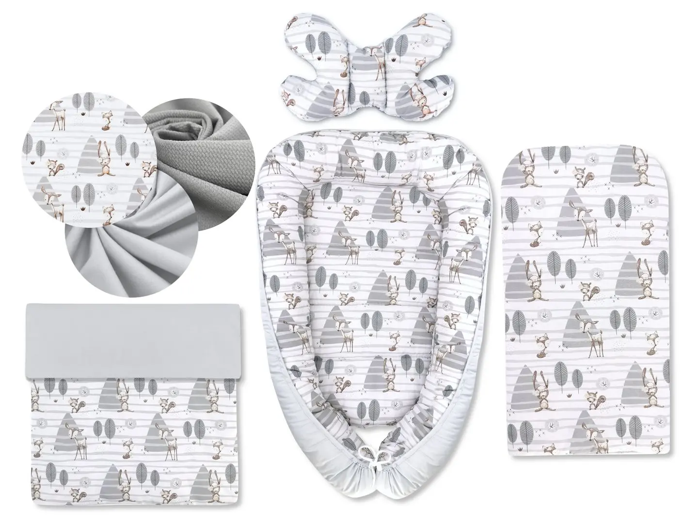Кокон-гнездышко 4в1 MimiNu Forest + матрасик + одеяло + подушка (Grey)