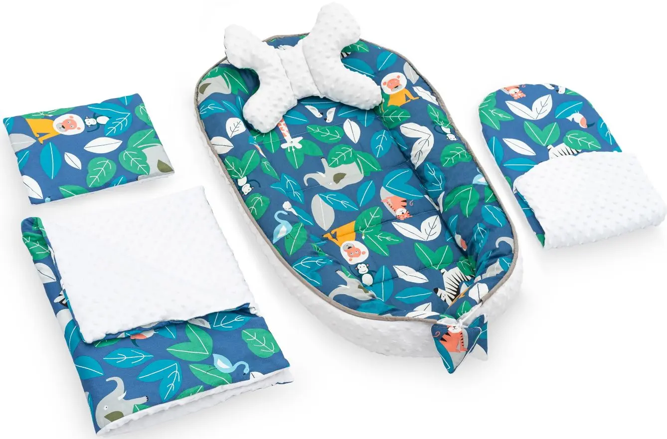 Кокон-гнездышко 5в1 Tutumi Minky Jungle + матрасик + одеяло + 2 подушки (Blue/White)