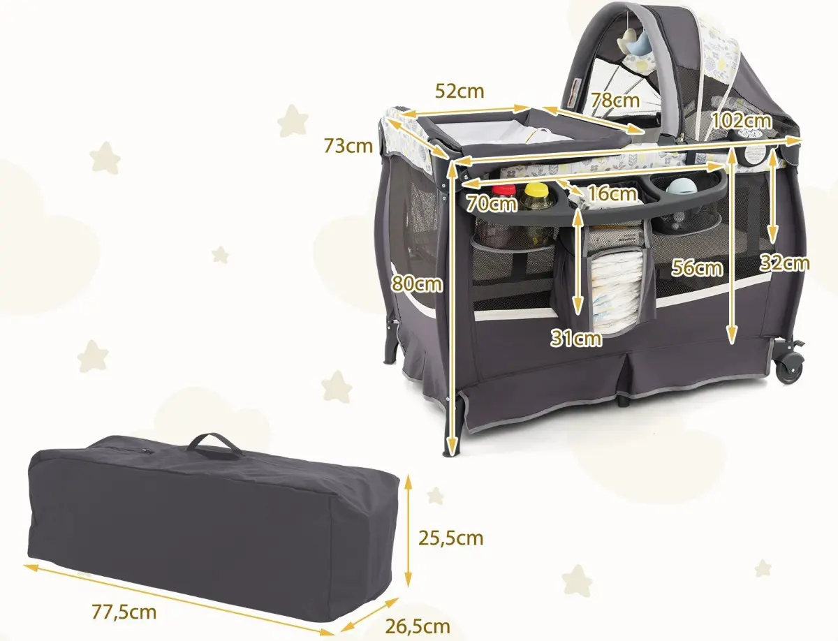 Манеж-кровать 4в1 Costway BE10055PI (Dark Gray/Multicolor)