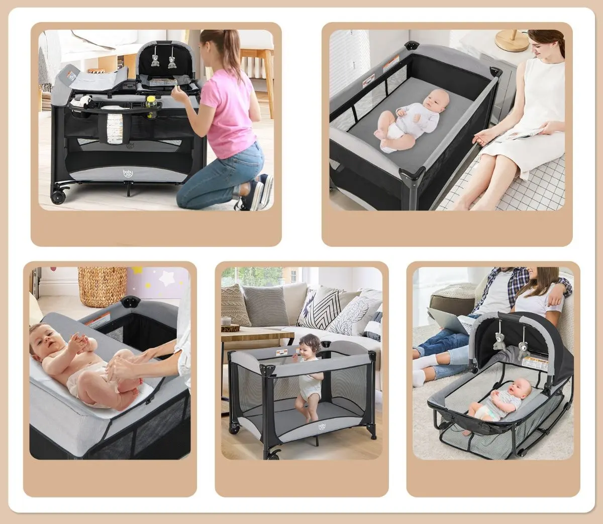 Манеж-кровать 5в1 Costway BC10071DK (Black/Grey) - 4