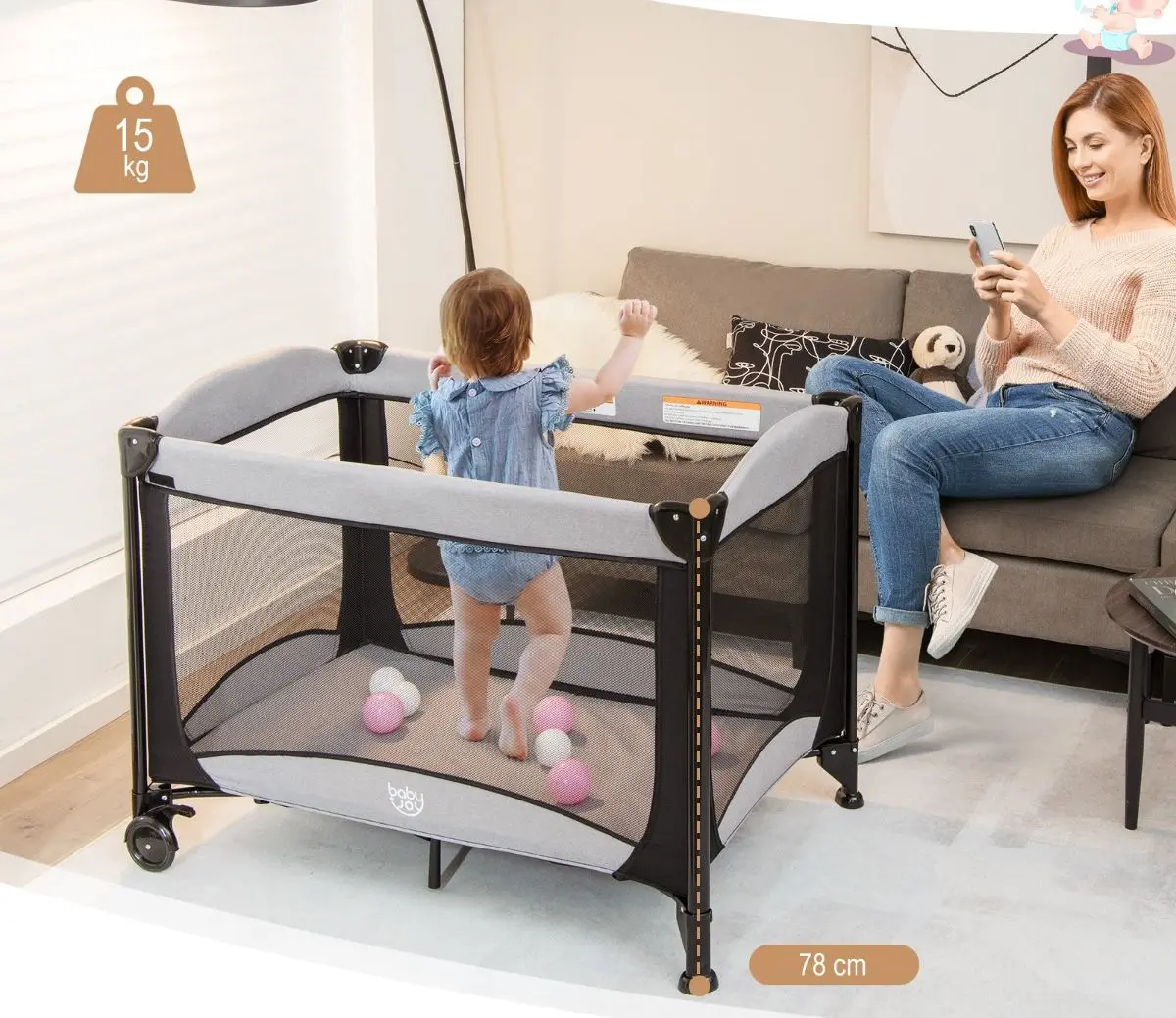 Манеж-кровать 5в1 Costway BC10071DK (Black/Grey) - 7