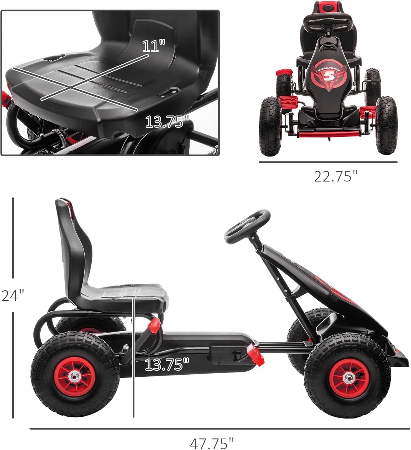 Carting cu pedale Homcom 370-256V00RD (Red/Black) - 8