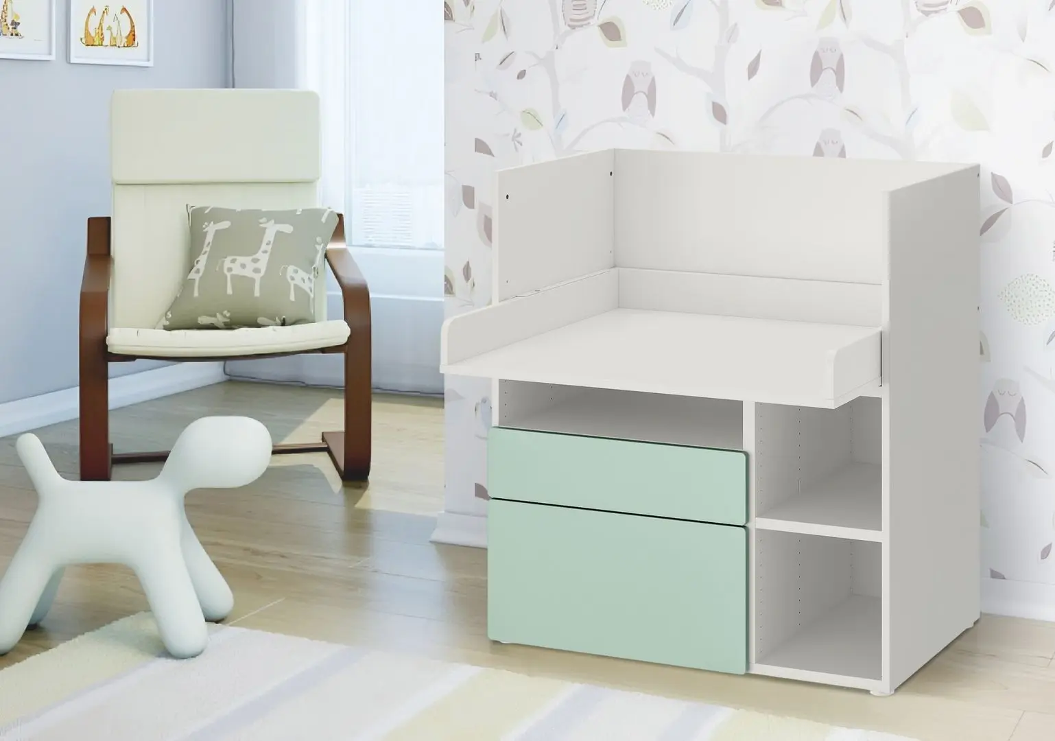 Masa de infasat Ikea Smastad 2 sertare 90x79x100 (Alb/Verde deschis)