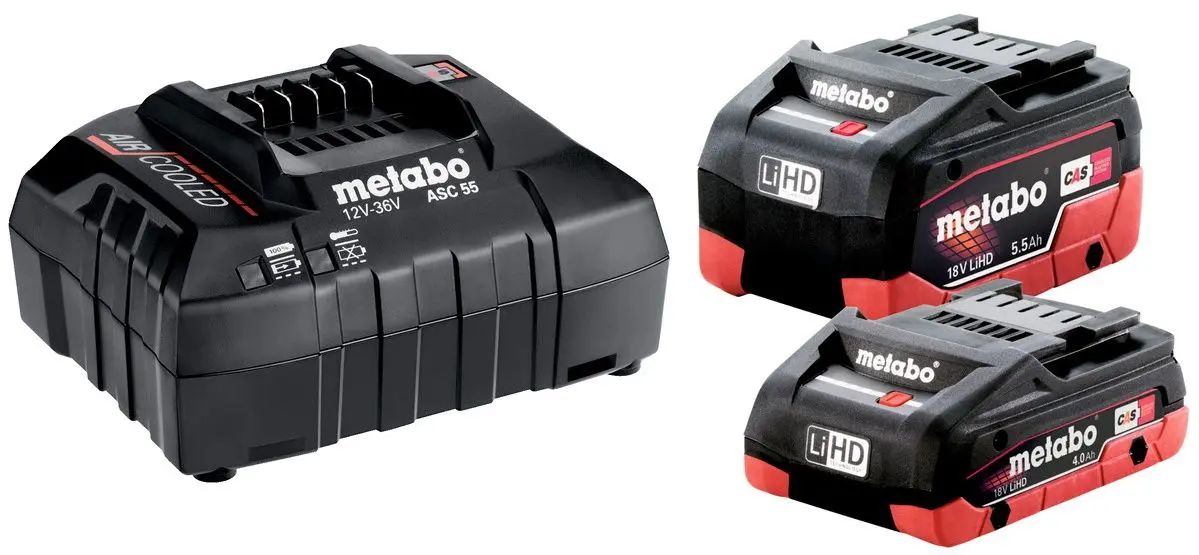 Set acumulatoare Metabo LIHD 1x4.0Ah/1x5.5Ah + incarcator Metabo ASC 55