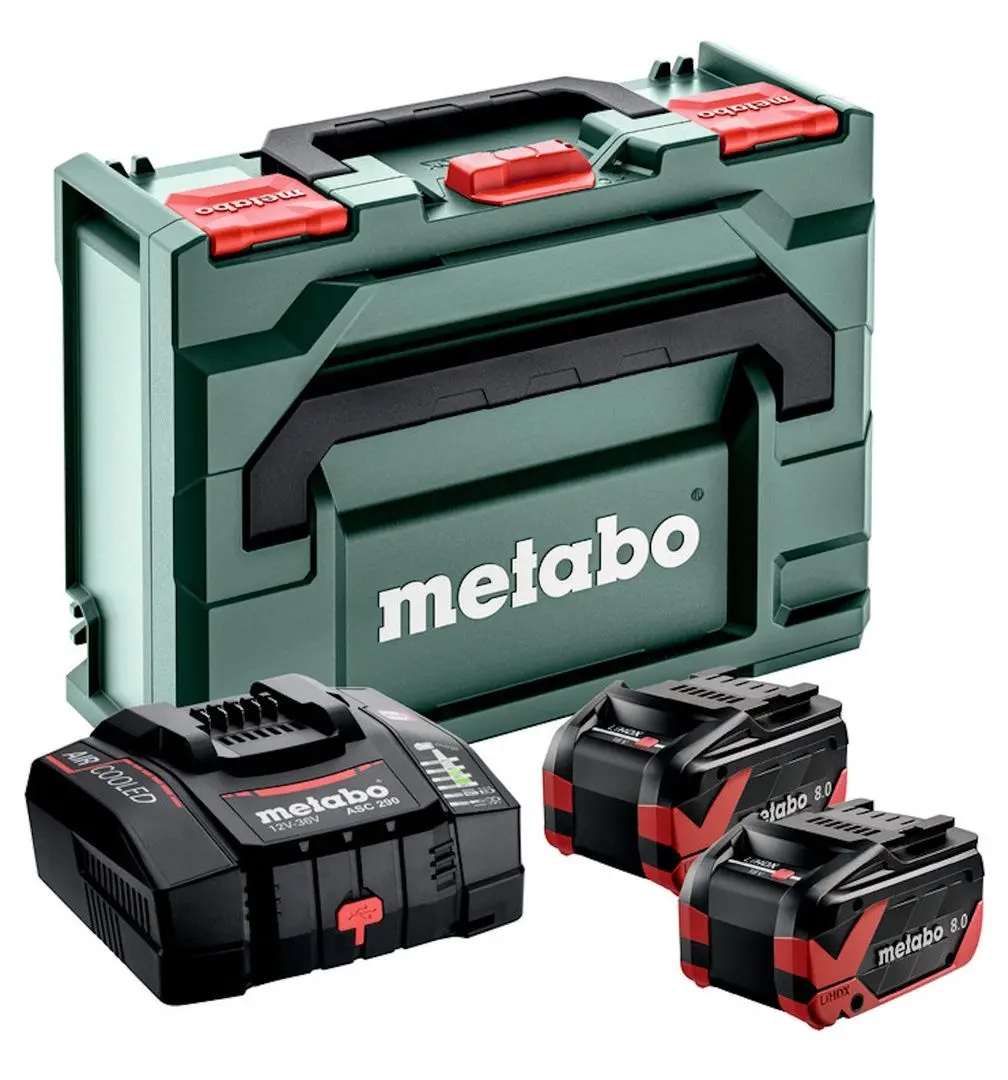 Set acumulator + incarcator Metabo Basic Set 2xLiHDX 8.0Ah + ASC 290 + metaBOX 145