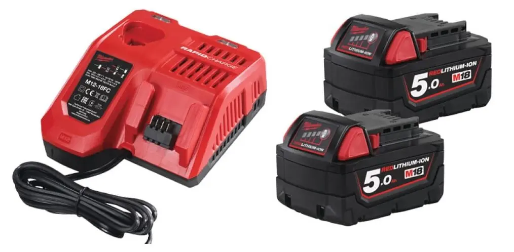Set acumulatoare + incarcator Milwaukee M18 NRG-502 (Red/Black)