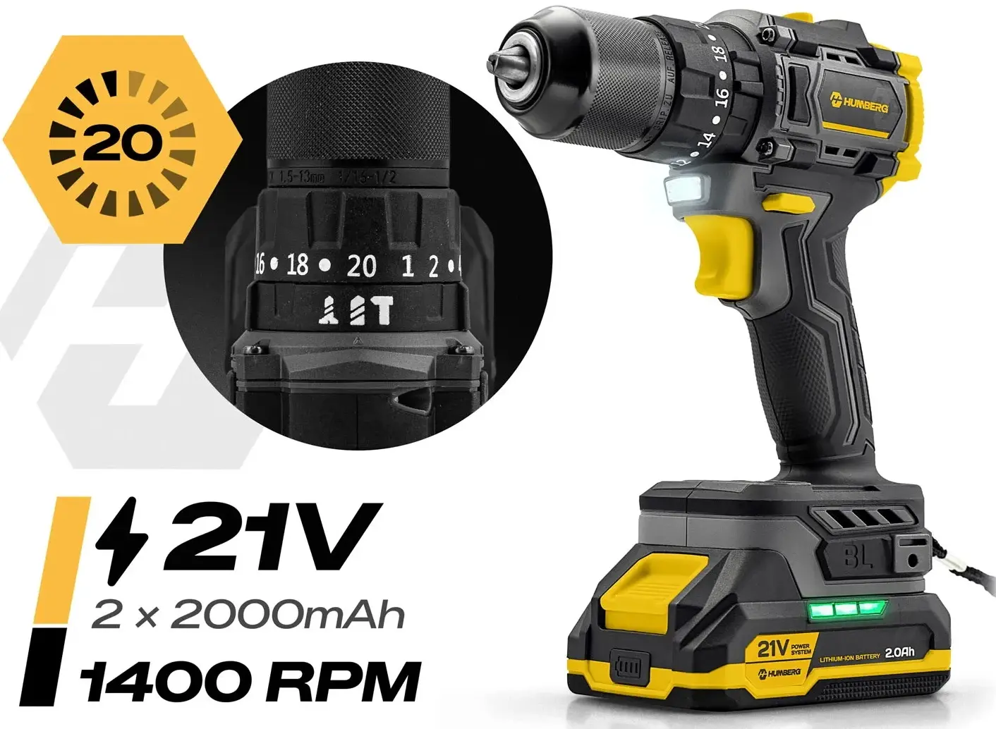 Аккумуляторная ударная дрель-шуруповерт Humberg HM-432 543200 (Yellow/Black) - 10