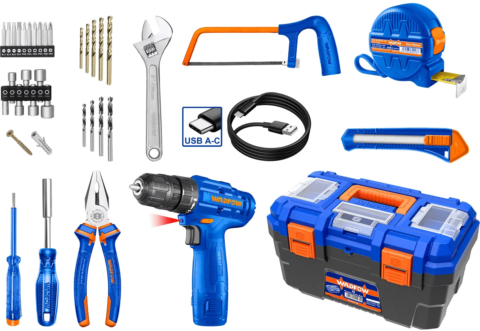 Аккумуляторная дрель-шуруповерт + набор инструментов Wadfow WDT1B77