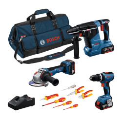 Set instrumente cu acumulator Bosch Set Combi 18V GSB18V-65 + GWS18V-11 + GBH18V‑24C + 3xGBA 18V 5.0Ah + GAL18V-40 + 1600A02NG3 (0615A5007H)
