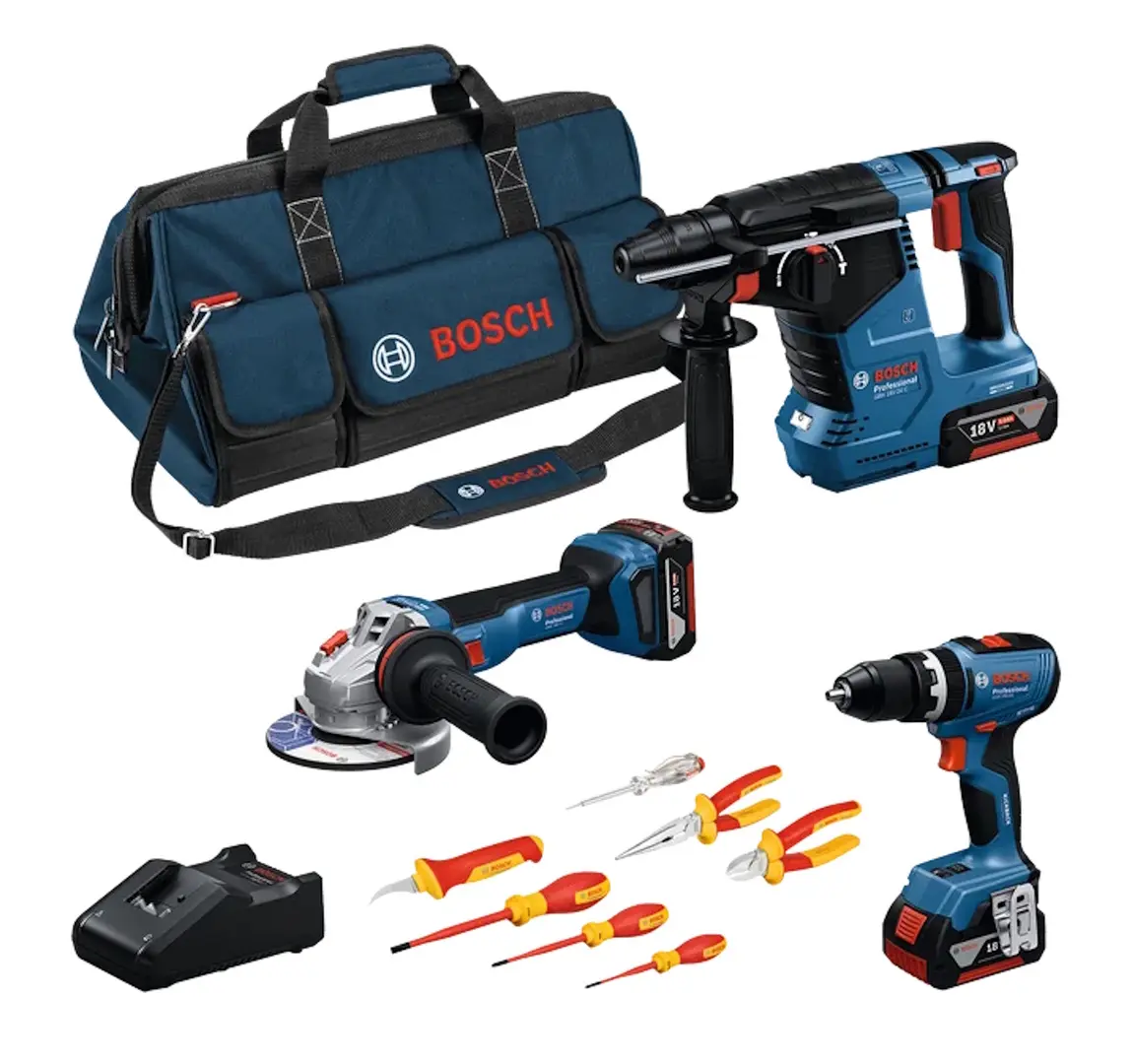 Set instrumente cu acumulator Bosch Set Combi 18V GSB18V-65 + GWS18V-11 + GBH18V‑24C + 3xGBA 18V 5.0Ah + GAL18V-40 + 1600A02NG3 (0615A5007H)