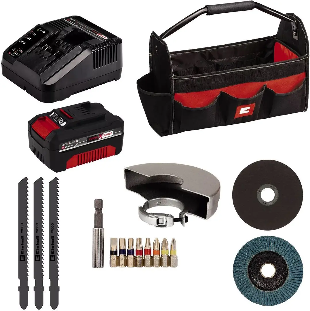 Set de instrumente cu acumulator Einhell TC-AG 18/115 Li + TC-JS 18 Li + TE-CD 18/40 Li + 1x4Ah PXC + Bag 45/22