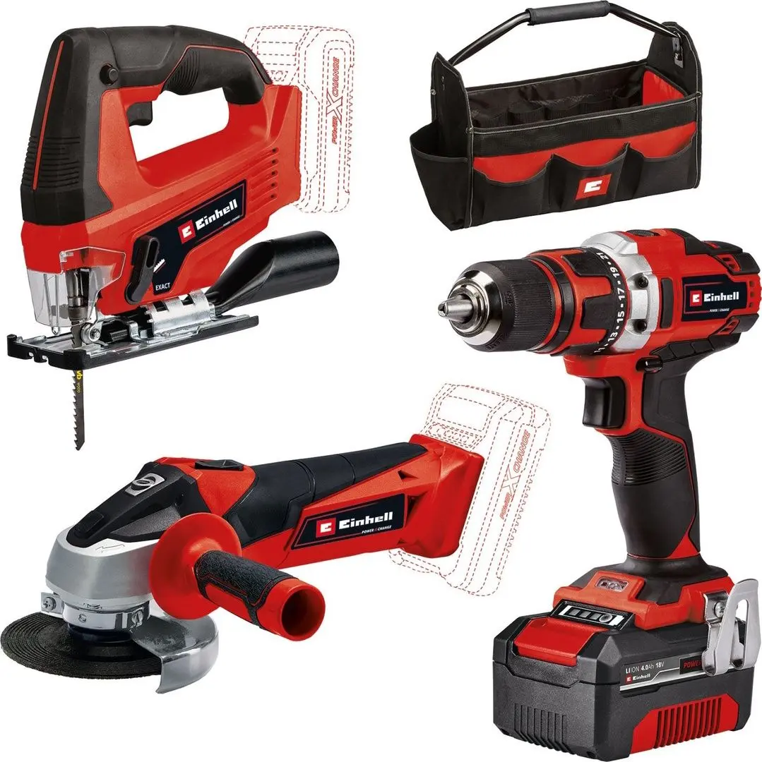 Set de instrumente cu acumulator Einhell TC-AG 18/115 Li + TC-JS 18 Li + TE-CD 18/40 Li + 1x4Ah PXC + Bag 45/22