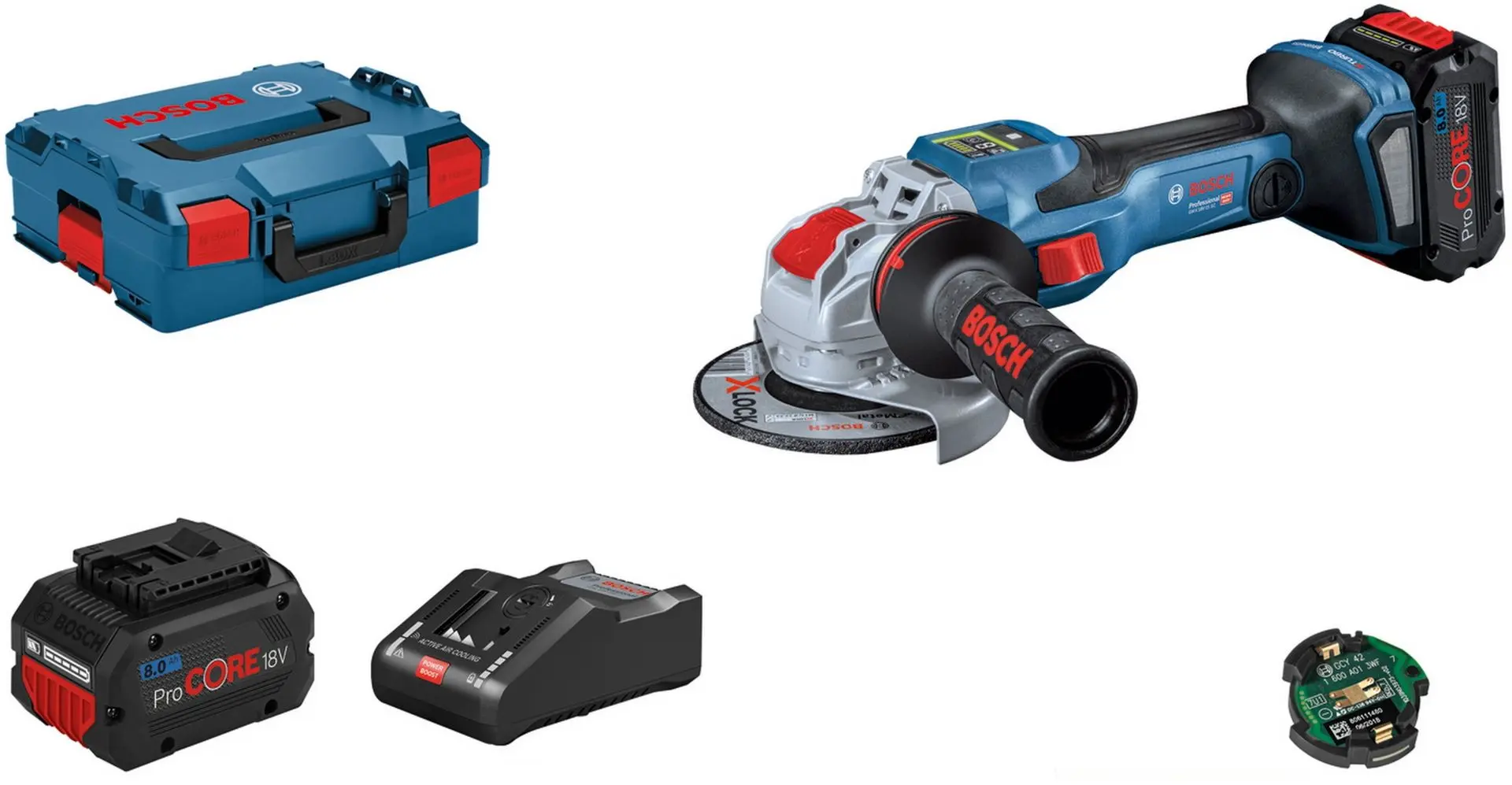 Аккумуляторная угловая шлифмашина Bosch Professional GWS 18V-15 SC + ProCORE 18V 8.0Ahx2 + GAL 18V-160 C + Bluetooth Low Energy GCY 42 + L-Boxx 136