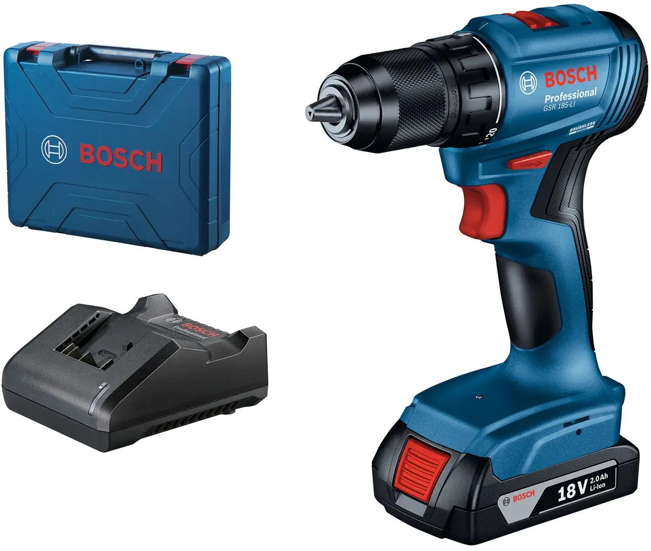 Masina de gaurit si insurubat cu acumulator Bosch GSR 185-LI + GBA 18V 2.0Ah + GAL 18V-20 + Case