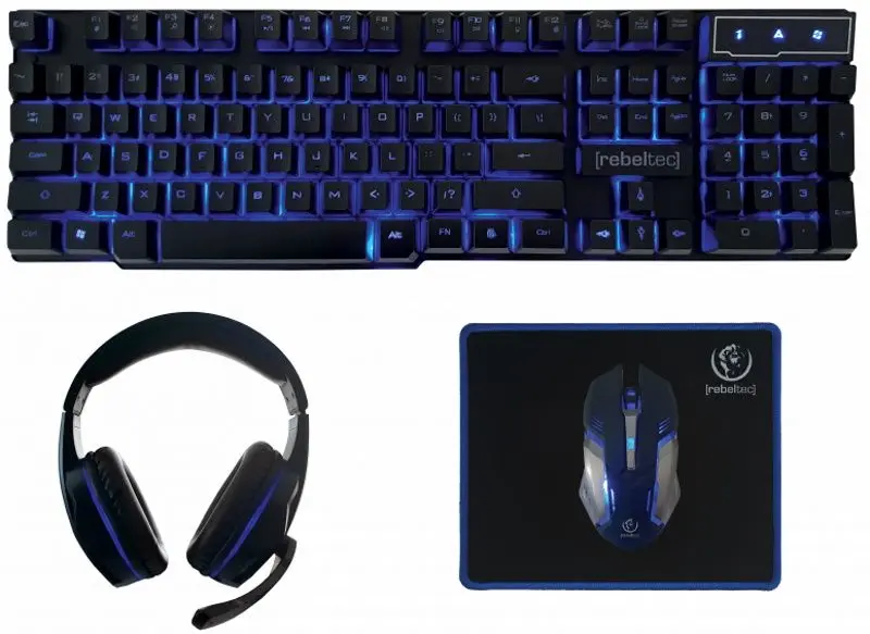 Беспроводной комплект клавиатура + мышь + коврик для мыши + наушники Rebeltec Sherman (Black/Blue)