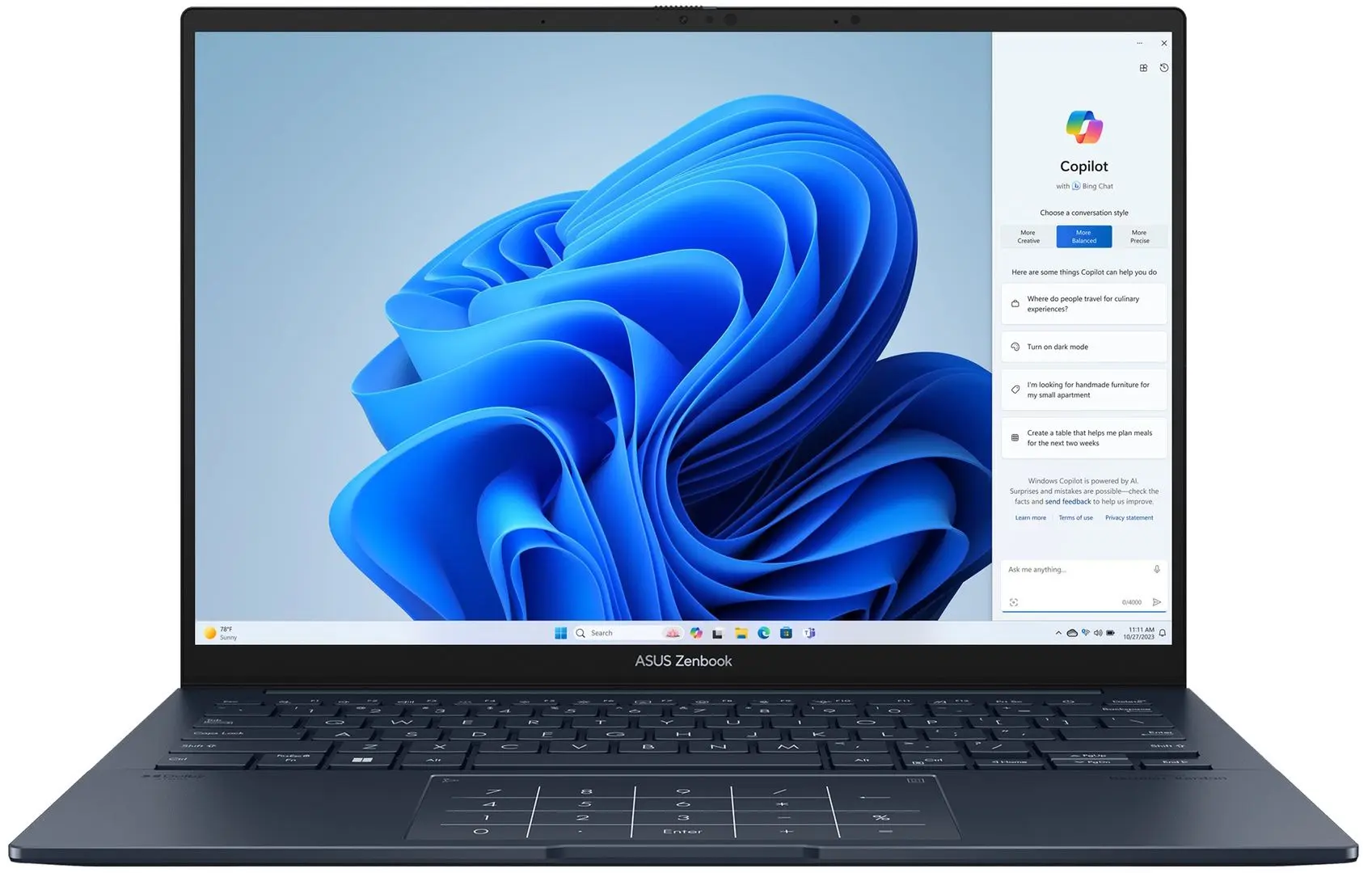 Ноутбук Asus Zenbook 14 OLED UX3405MA-PP348X Intel Core Ultra 7 155H 1x16GB LPDDR5X /1TB SSD W11P (Ponder Blue)