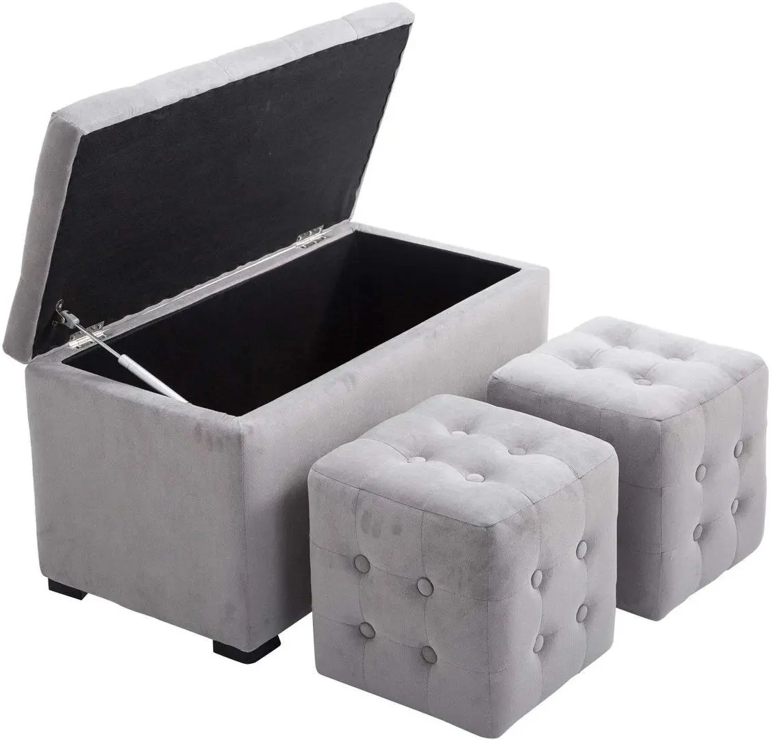Set bancheta + 2 pufuri Homcom 833-160GY 75x40x42 cm (Pearl Grey)