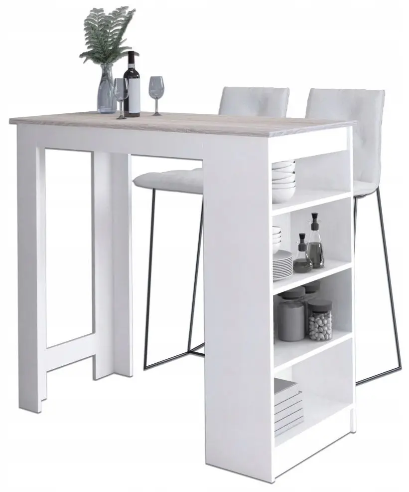 Masa de bar Akord 115х50х103 cu rafturi (White/Sonoma Oak)