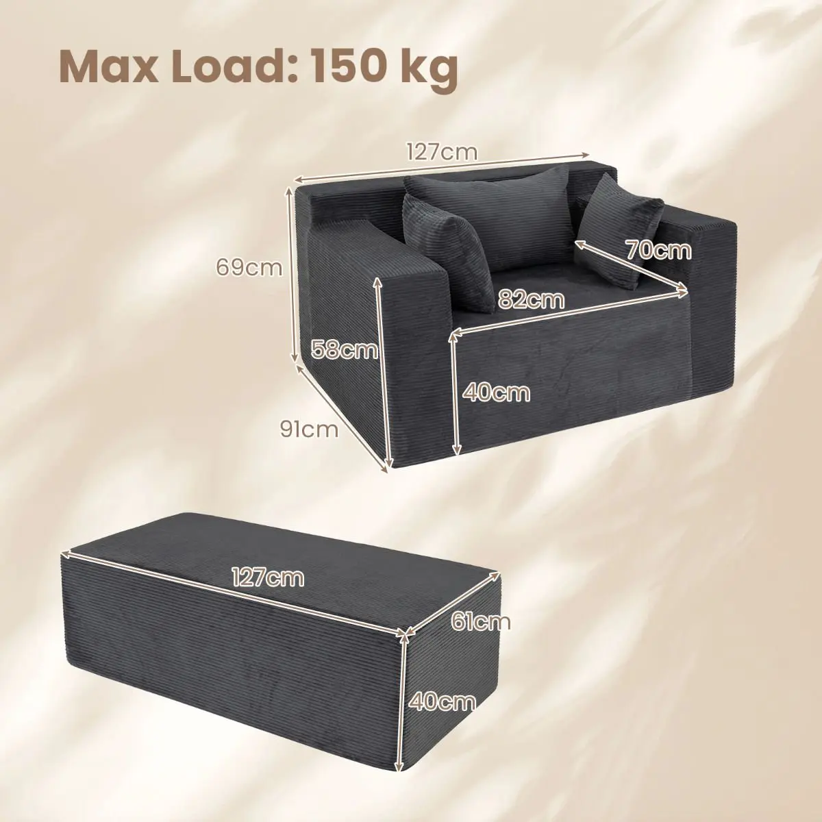 Бескаркасный диван Costway HV10779GR (Grey) - 6