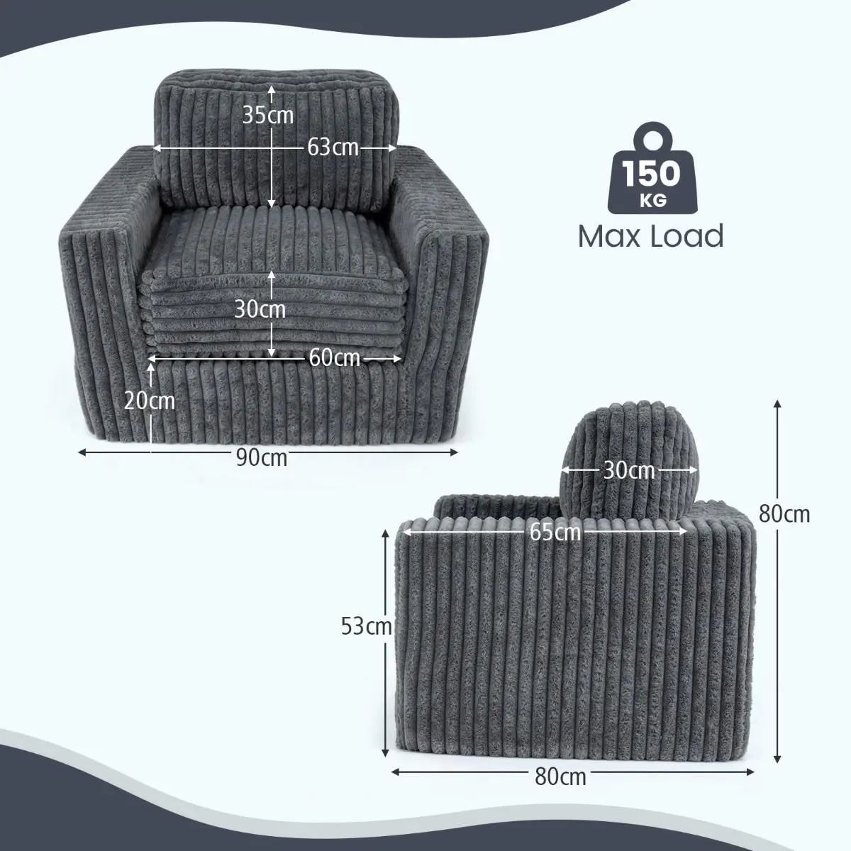 Бескаркасное кресло Costway HV10777GR (Grey) - 6
