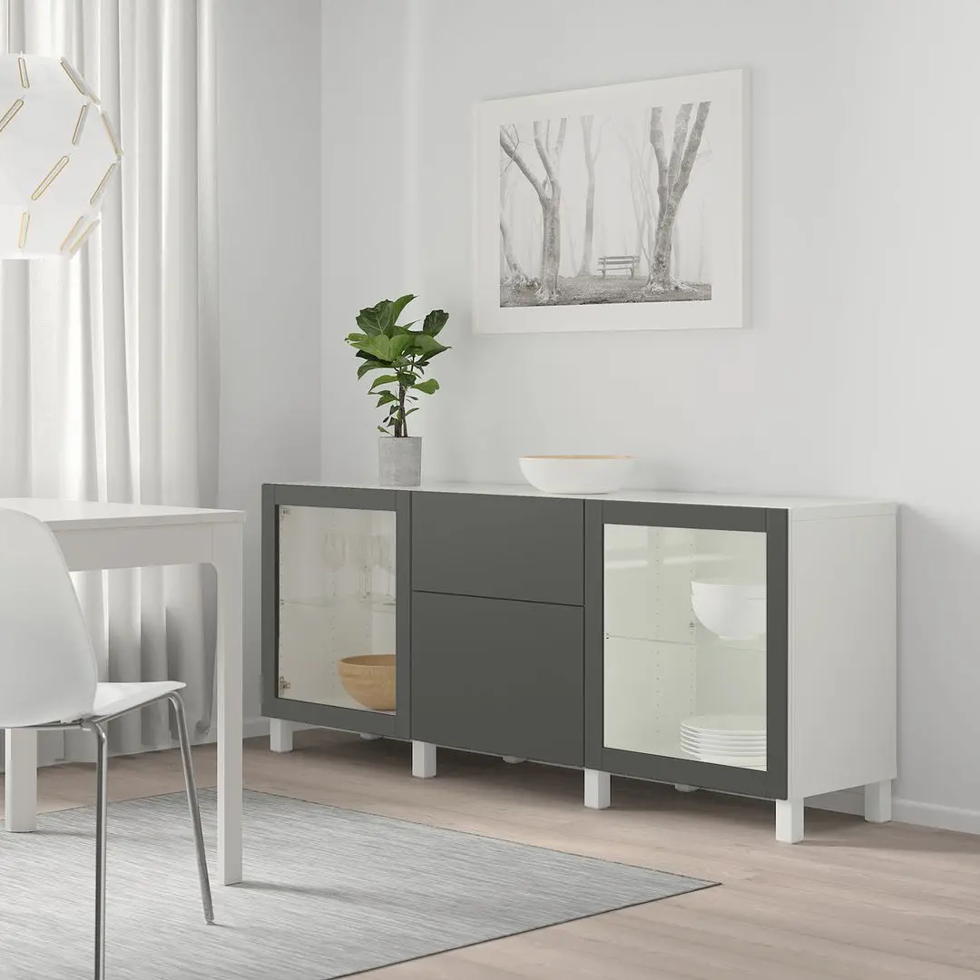 Bufet Ikea Besta/Lappviken/Sindvik/Stubbarp balamale cu inchidere lina 180x42x74 (Alb/Gri-inchis)